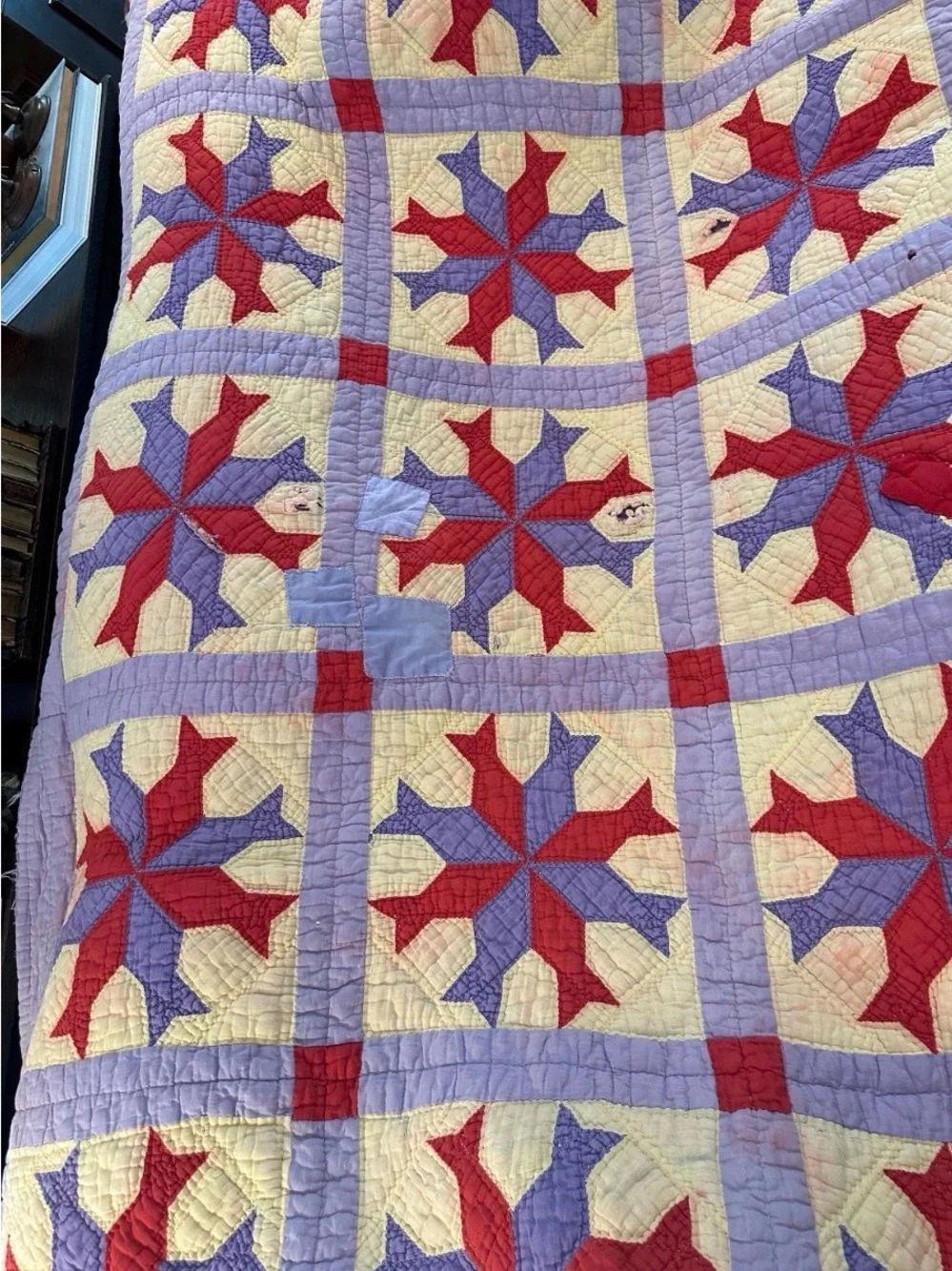 Antique Patchwork Red & Purple Star Quilt c 1900